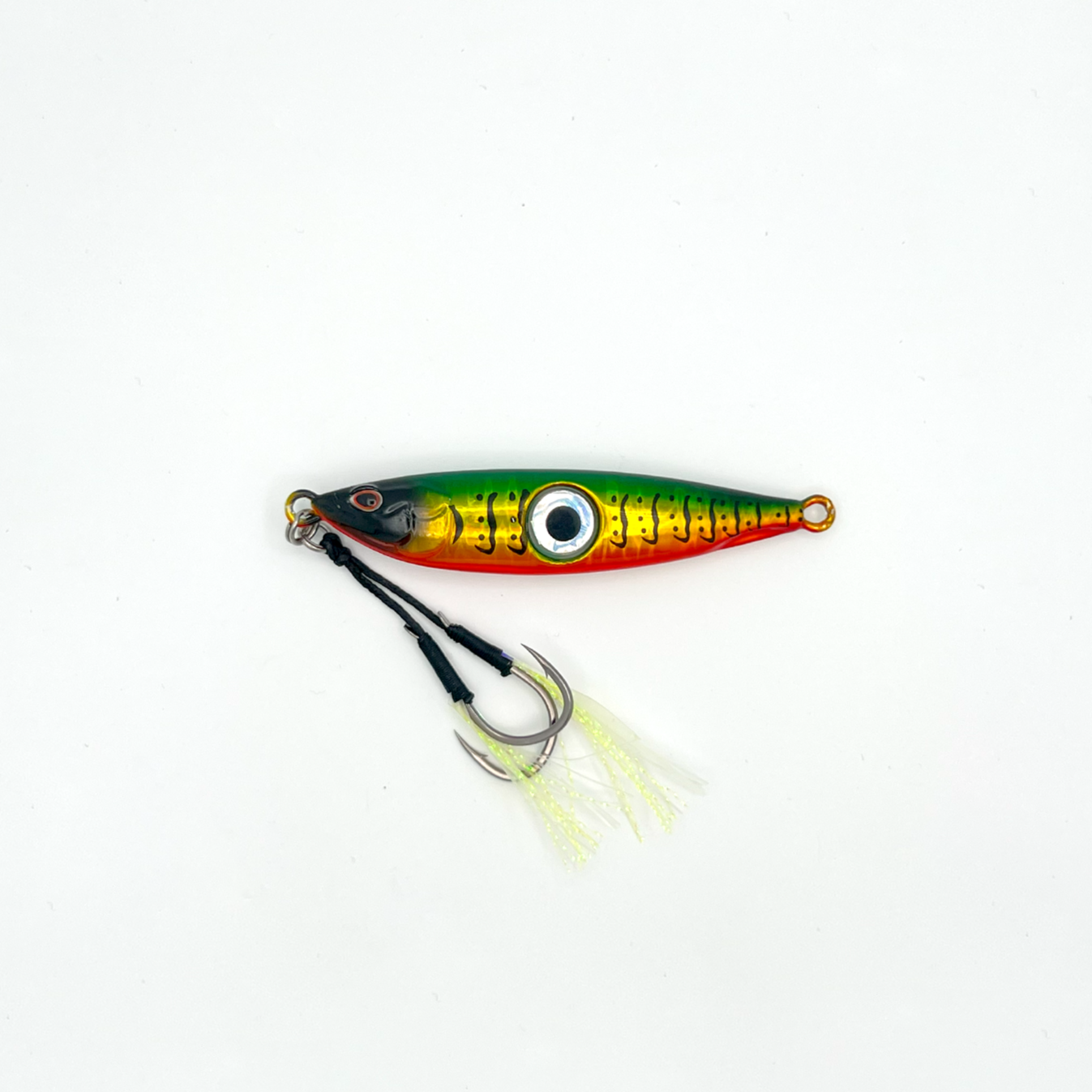 60-gram lure with black head and green, yellow, and red horizontal stripes.