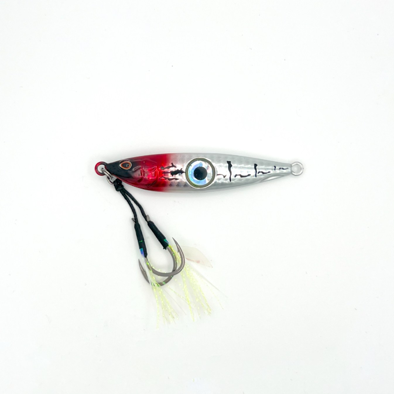 60-gram silver lure with black and red head.