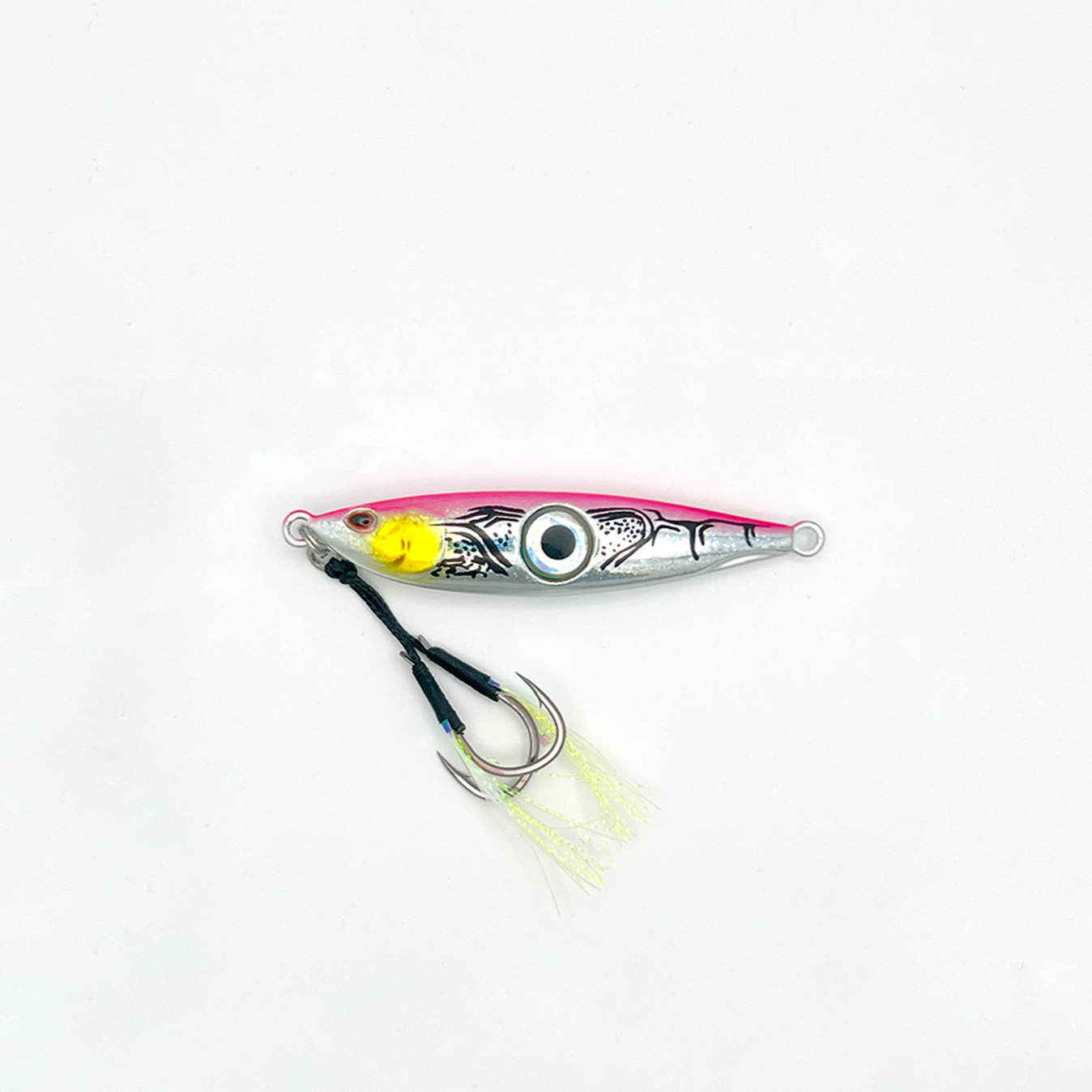 60-gram silver lure with horizontal pink stripe across the top.