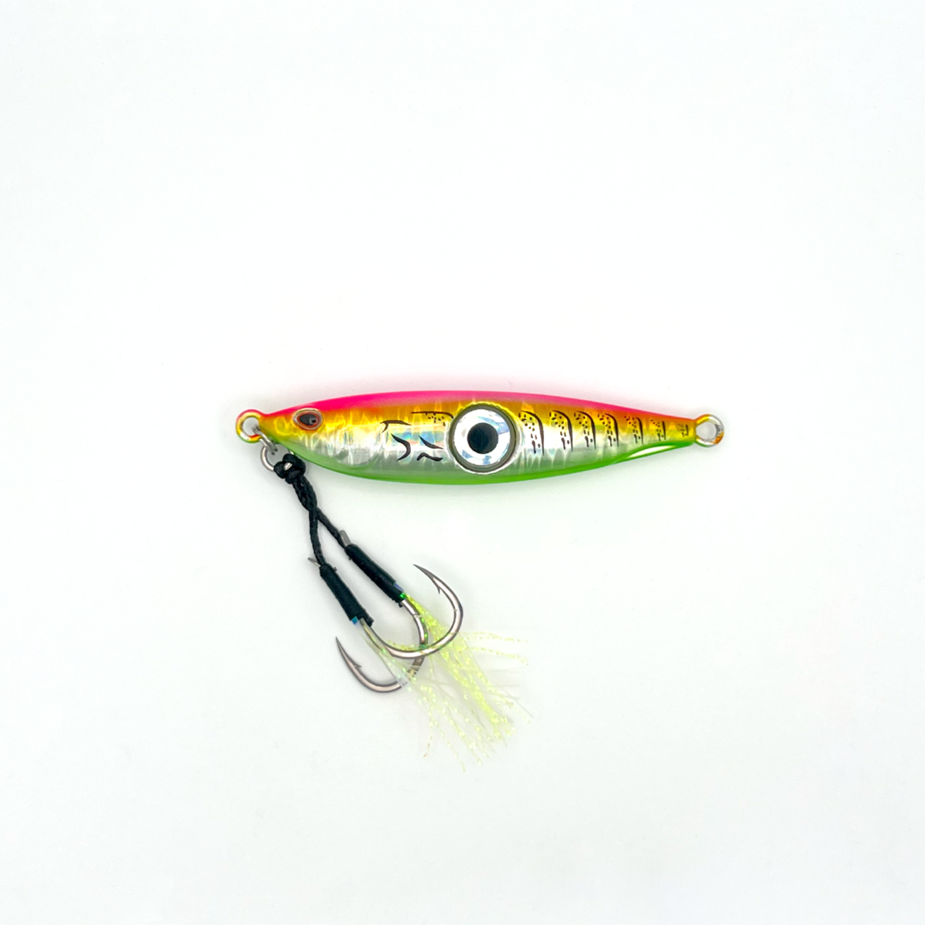 60-gram lure with pink, yellow, silver, and green horizontal stripes.