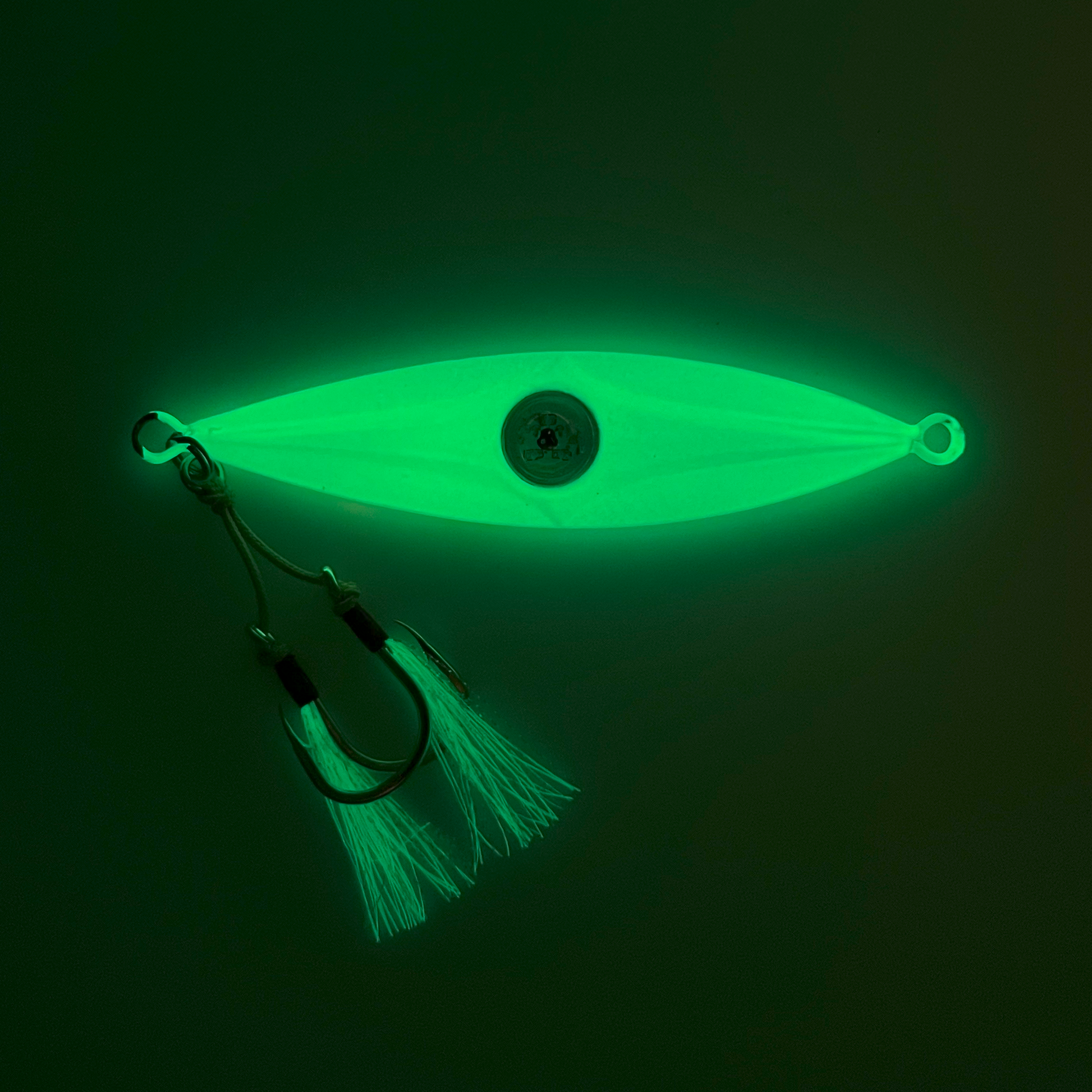 Back of Multi-Color Dots lure showing full phosphorescent paint and skirts glowing in the dark.